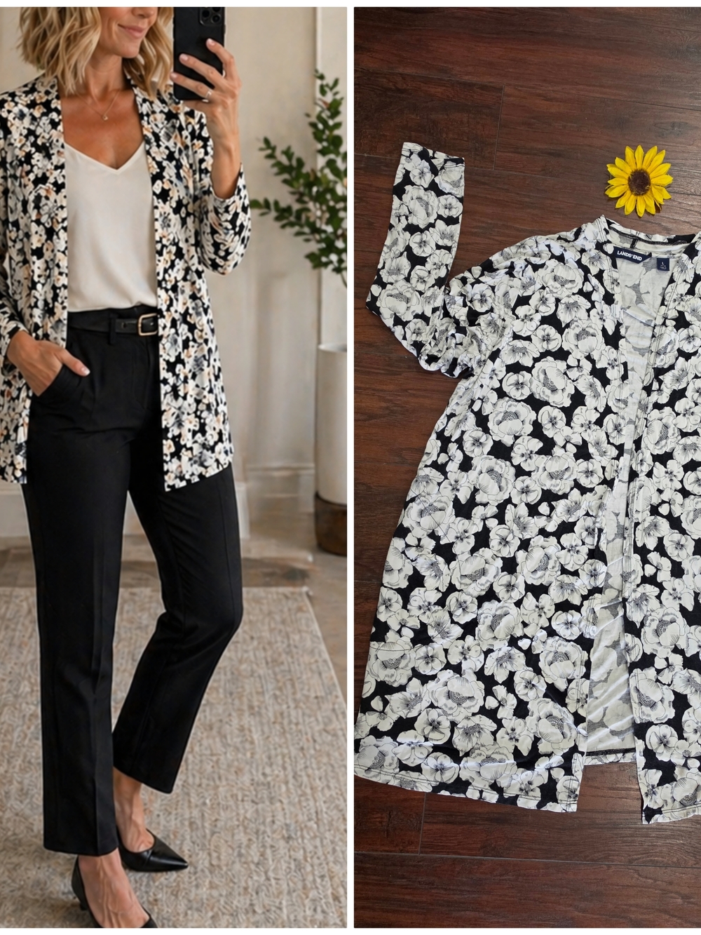 LANDS END Black & White Floral Open Cardigan